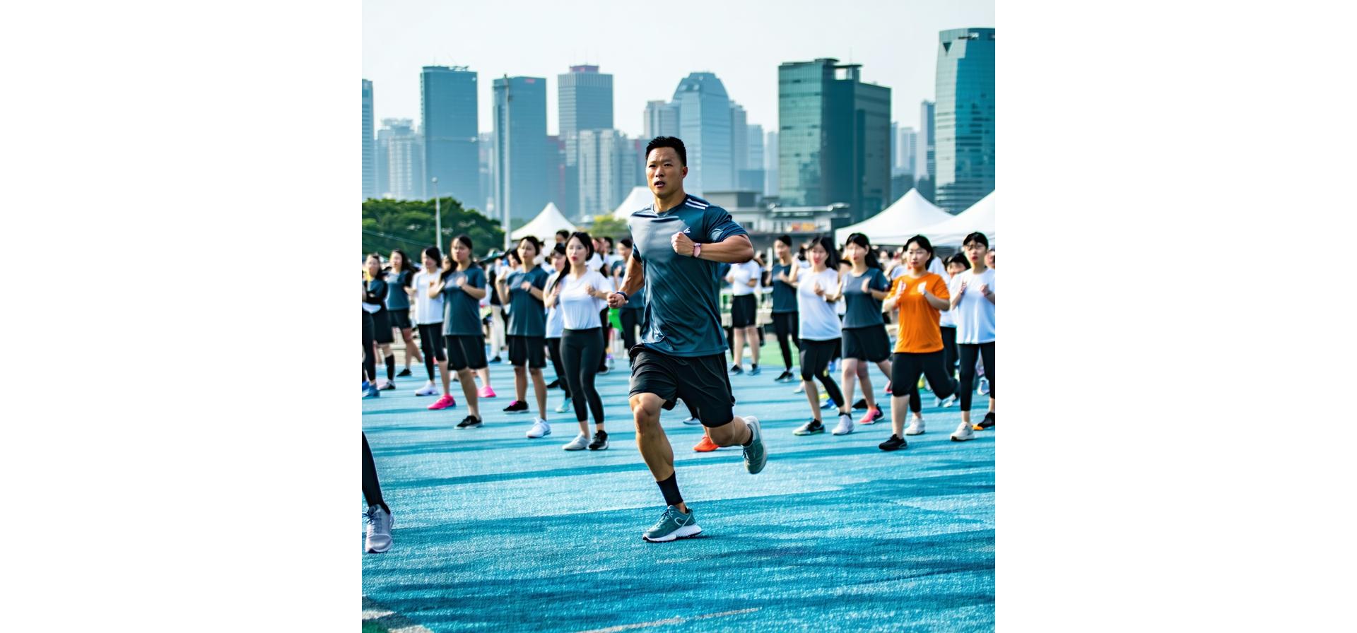서울 도심을 배경으로 다양한 연령대의 사람들이 함께 야외 트레이닝을 하는 모습